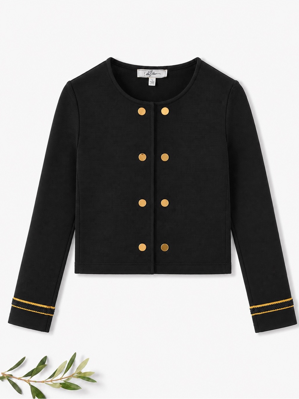 Libby Edelman Black Textured Knit Jacket Gold Button Detail Size S Military